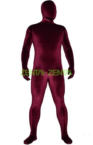 Dark Red Thick Velvet Spandex Zentai Full Bodysuit